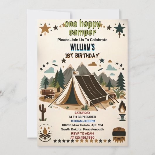 かわいい自然の男の子のために1ハッピーキャンパー1歳の誕生日 招待状 (正面)