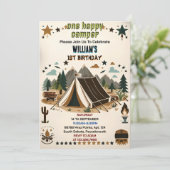 かわいい自然の男の子のために1ハッピーキャンパー1歳の誕生日 招待状 (スタンド正面)