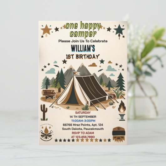 かわいい自然の男の子のために1ハッピーキャンパー1歳の誕生日 招待状 (スタンド正面)