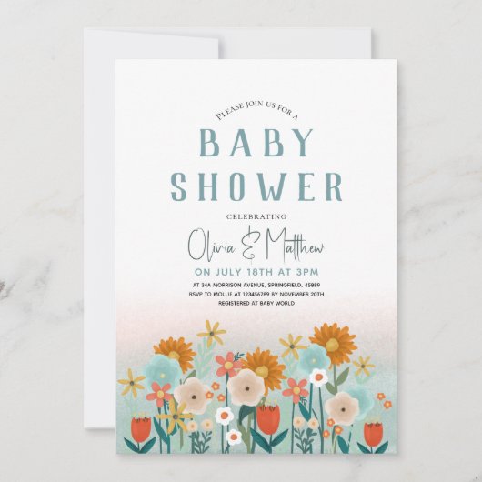 かわいい自然植物性フローラ女の子ベビーシャワー 招待状 (正面)