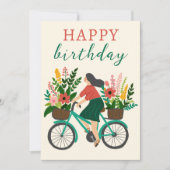 かわいい自転車に乗った少女と花 ハッピーバースデー (正面)