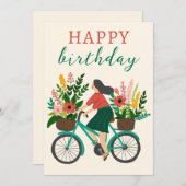 かわいい自転車に乗った少女と花 ハッピーバースデー (正面/裏面)
