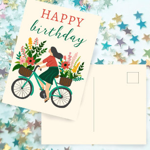 かわいい自転車に乗った少女と花 ハッピーバースデー ポストカード