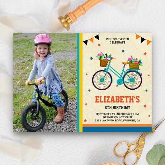かわいい自転車の子供の写真 誕生日パーティー 招待状