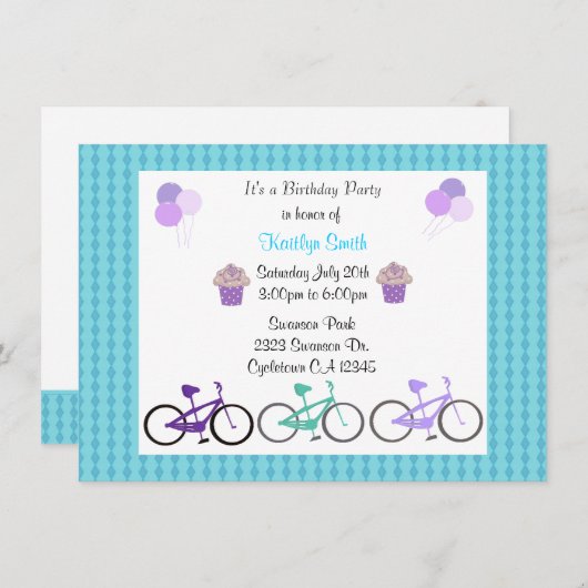 かわいい自転車の誕生日パーティーへの招待 招待状 (正面/裏面)