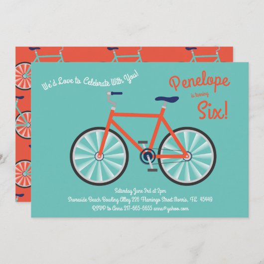 かわいい自転車キッズバイクバースデーパーティーサイクリング 招待状 (正面/裏面)