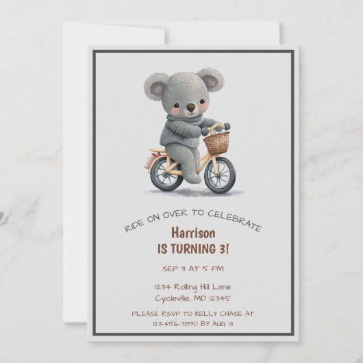 かわいい自転車パーティー動物第三誕生日 招待状 (正面)