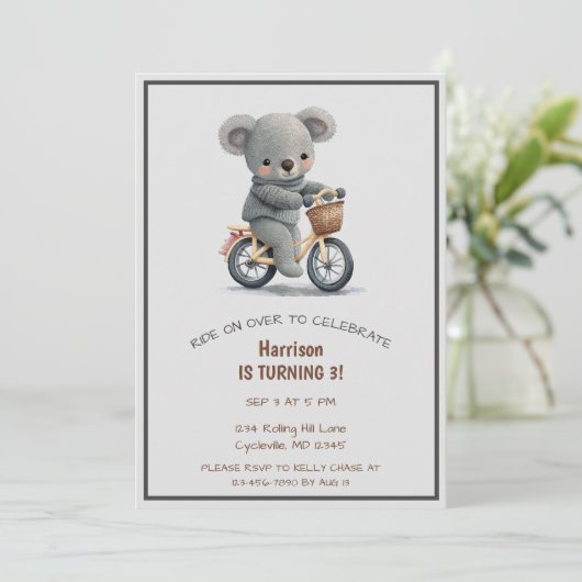 かわいい自転車パーティー動物第三誕生日 招待状 (スタンド正面)