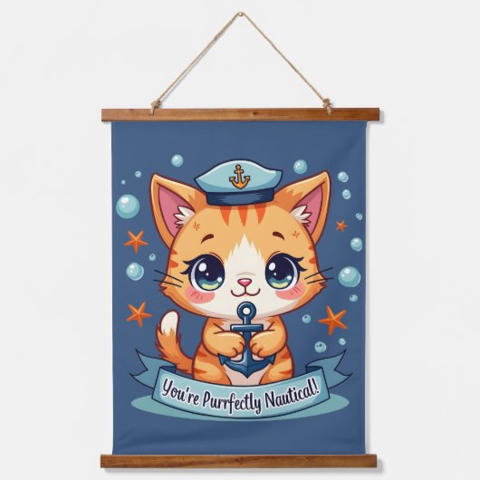 かわいい航海のキャットセーリングいかりパン 吊り下げ型タペストリー (正面)