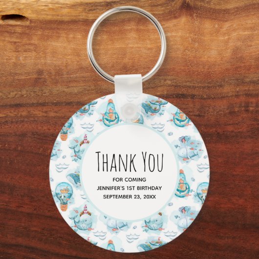 かわいい航海のクジラの水彩柄ありがとう キーホルダー (正面)