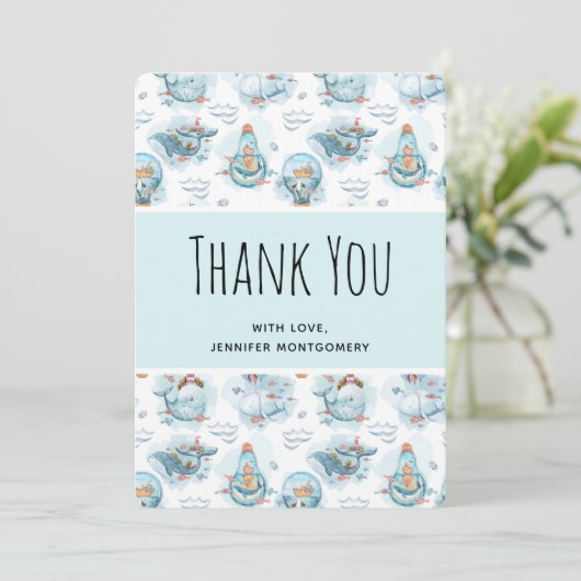 かわいい航海のクジラの水彩柄ありがとう サンキューカード (スタンド正面)