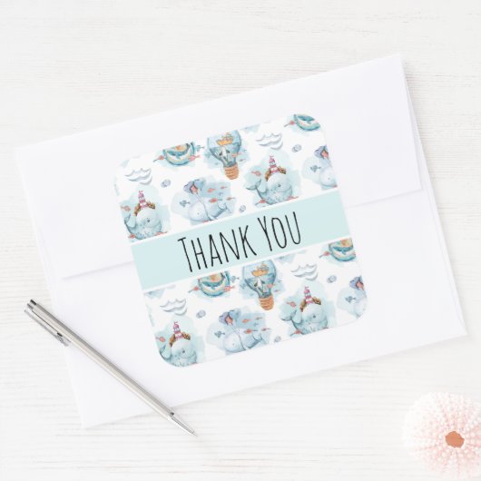 かわいい航海のクジラの水彩柄ありがとう スクエアシール (封筒)