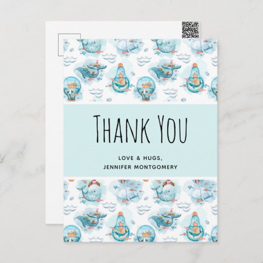 かわいい航海のクジラの水彩柄ありがとう ポストカード (正面/裏面)