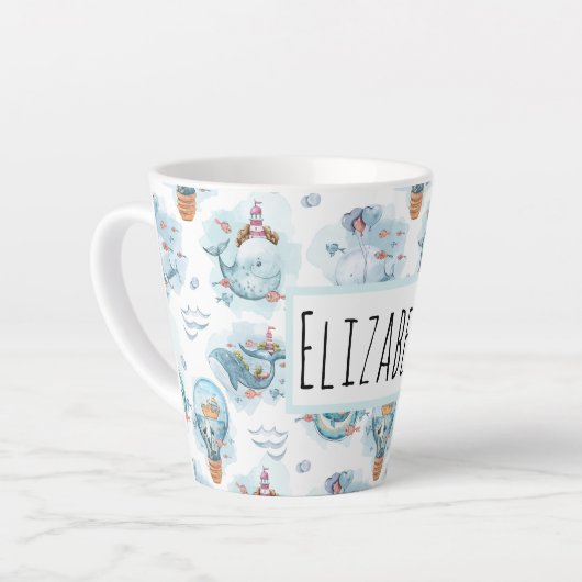 かわいい航海のクジラの水彩模様 カフェラテマグ (左アングル)