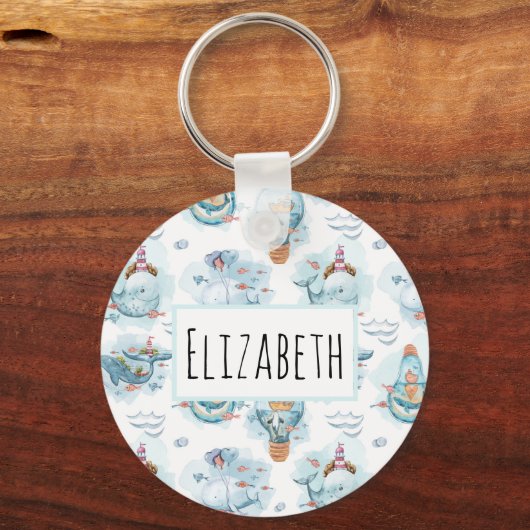 かわいい航海のクジラの水彩模様 キーホルダー (正面)