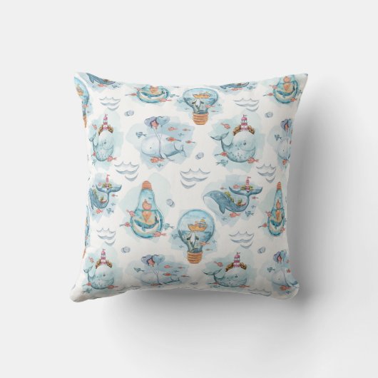 かわいい航海のクジラの水彩模様 クッション (裏面)
