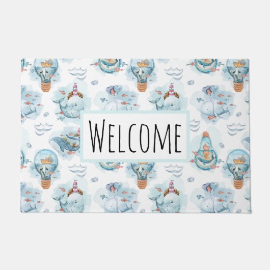 かわいい航海のクジラの水彩模様 ドアマット (正面)