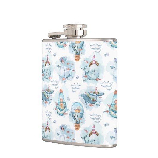 かわいい航海のクジラの水彩模様 フラスク (左)
