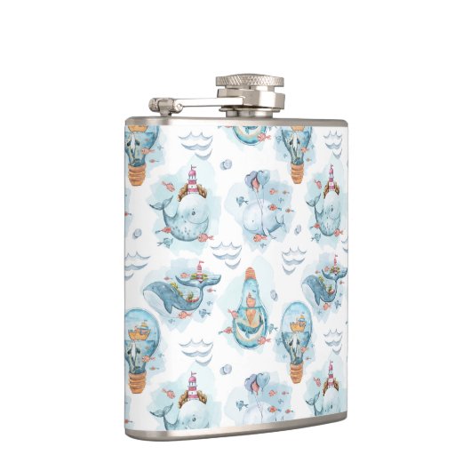 かわいい航海のクジラの水彩模様 フラスク (右)