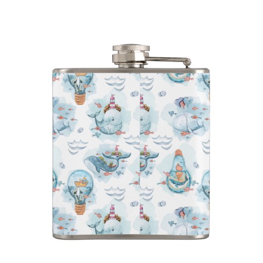 かわいい航海のクジラの水彩模様 フラスク (裏面)