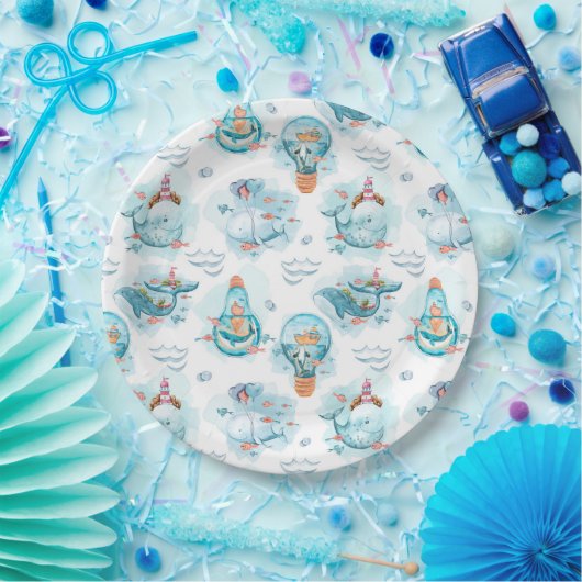 かわいい航海のクジラの水彩模様 ペーパープレート (パーティー)
