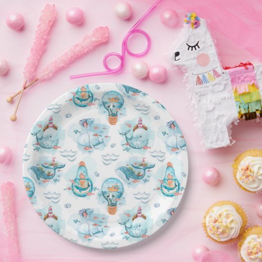 かわいい航海のクジラの水彩模様 ペーパープレート (パーティー)
