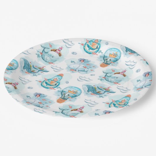 かわいい航海のクジラの水彩模様 ペーパープレート (アングル)