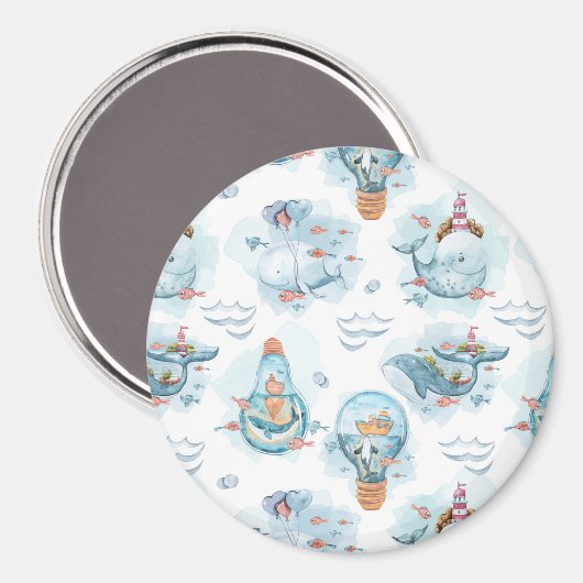 かわいい航海のクジラの水彩模様 マグネット (正面/裏面)