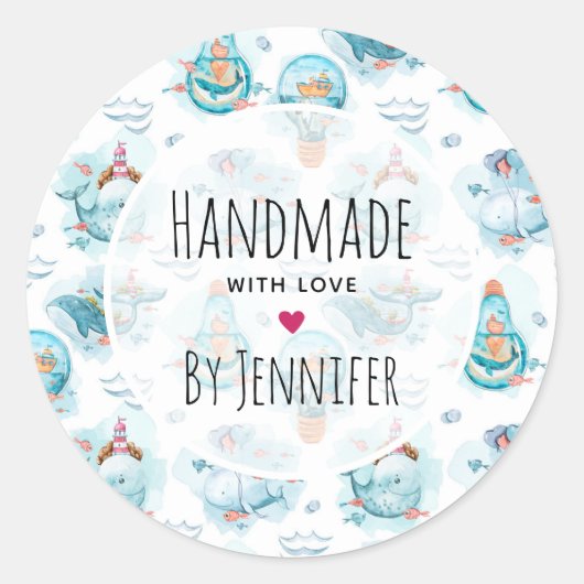 かわいい航海のクジラの水彩模様 ラウンドシール (正面)