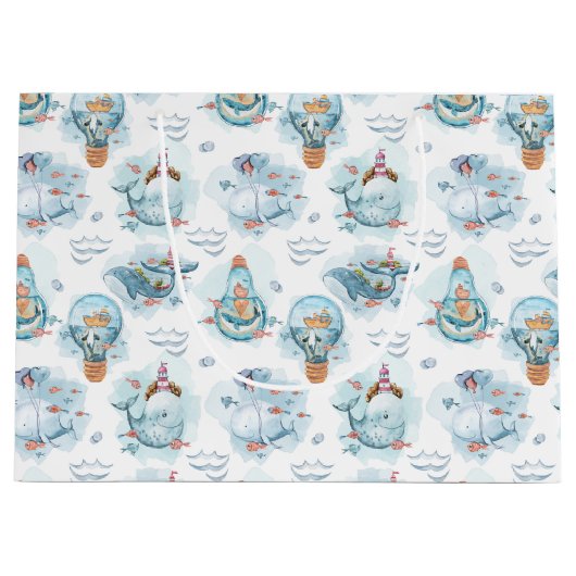 かわいい航海のクジラの水彩模様 ラージペーパーバッグ (正面)
