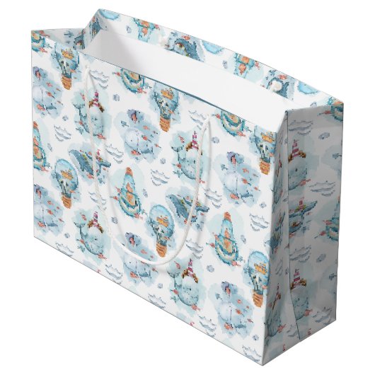 かわいい航海のクジラの水彩模様 ラージペーパーバッグ (裏面アングル)