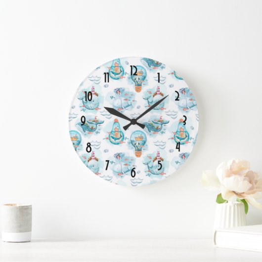 かわいい航海のクジラの水彩模様 ラージ壁時計 (ホーム)