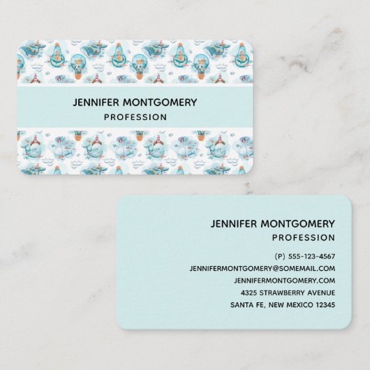 かわいい航海のクジラの水彩模様 名刺 (正面/裏面)