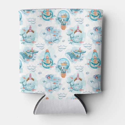 かわいい航海のクジラの水彩模様 缶クーラー (正面)