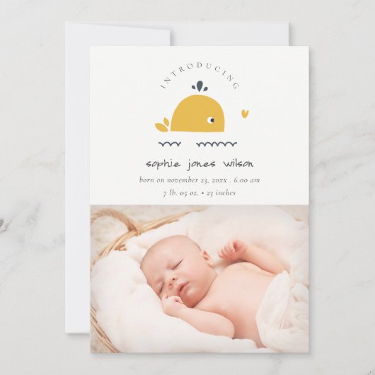 かわいい航海のクジラハート写真誕生のお知らせ サンキューカード (正面)