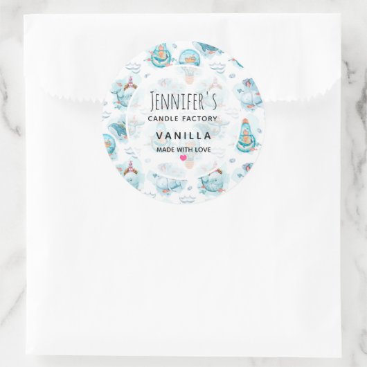 かわいい航海のクジラ水彩蝋燭または石鹸 ラウンドシール (バッグ)