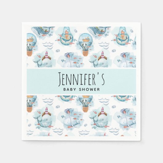かわいい航海のクジラ水彩赤ちゃんシャワー スタンダードカクテルナプキン (正面)