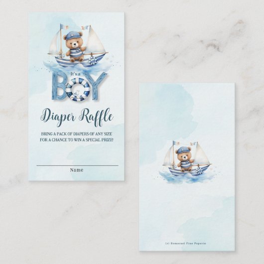 かわいい航海のテディベアーボートベビーおむつラッフル エンクロージャーカード (正面/裏面)