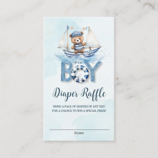 かわいい航海のテディベアーボートベビーおむつラッフル エンクロージャーカード (正面)