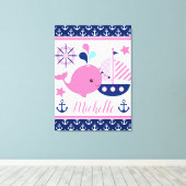 かわいい航海のピンクのクジラといかり柄 キャンバスプリント (インサイチュ (ウッドフロア))