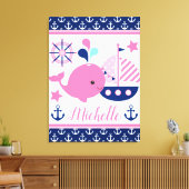 かわいい航海のピンクのクジラといかり柄 キャンバスプリント (インサイチュ (リビング))