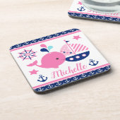 かわいい航海のピンクのクジラといかり柄 コースター (左側)