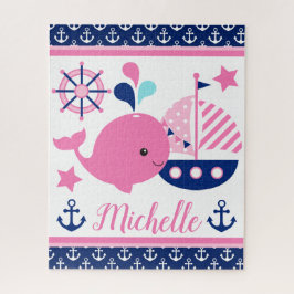 かわいい航海のピンクのクジラといかり柄 ジグソーパズル