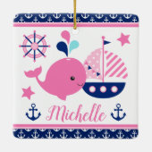 かわいい航海のピンクのクジラといかり柄 セラミックオーナメント (裏面)