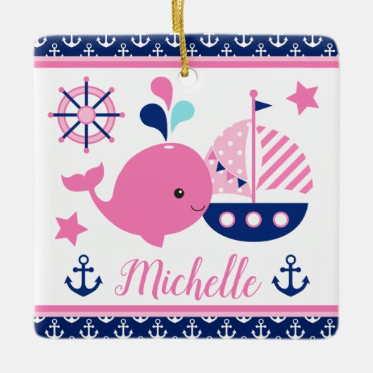 かわいい航海のピンクのクジラといかり柄 セラミックオーナメント (正面)