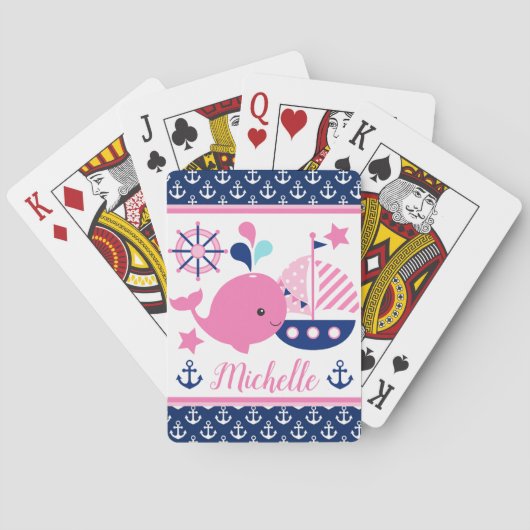 かわいい航海のピンクのクジラといかり柄 トランプ (裏面)