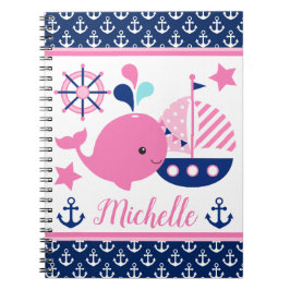 かわいい航海のピンクのクジラといかり柄 ノートブック