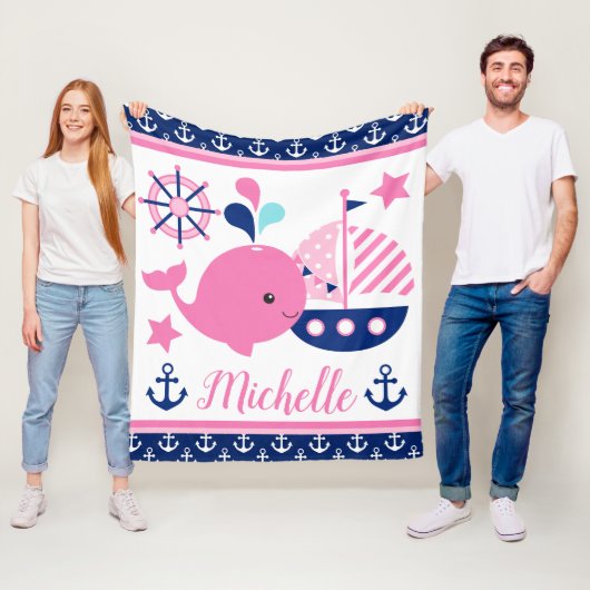かわいい航海のピンクのクジラといかり柄 フリースブランケット (インサイチュ)