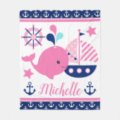 かわいい航海のピンクのクジラといかり柄 フリースブランケット (正面)