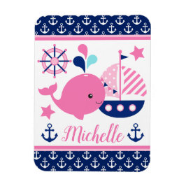 かわいい航海のピンクのクジラといかり柄 マグネット